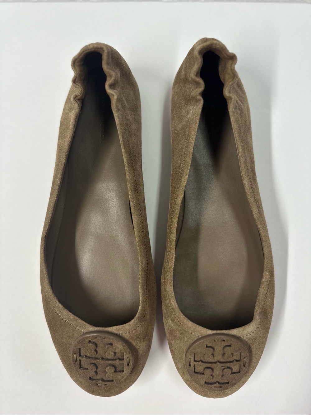 Tory Burch Minnie Travel Ballet Flats River Rock Suede Logo Shoes Size 12 Medium
